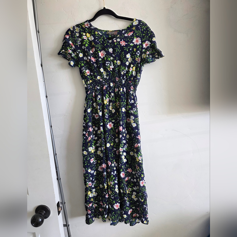 J Gee Navy Floral Midi Dress with Smocked Waist